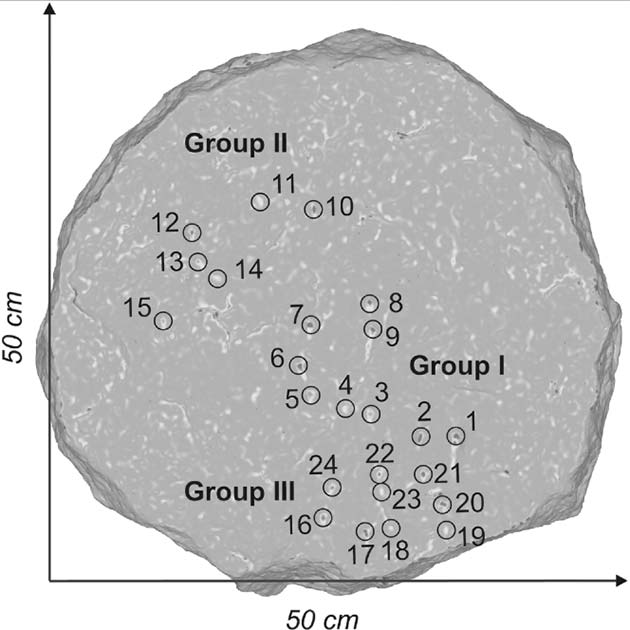 The frontal aspect of the stone disk sourced from a modification of figure 1 of Bernardini et al. (2022). A curvature map of the disk, highlighting the locations of chisel marks denoted by black circles and corresponding numbers. (Paolo Molaro, Federico Bernardini/Wiley Online Library)