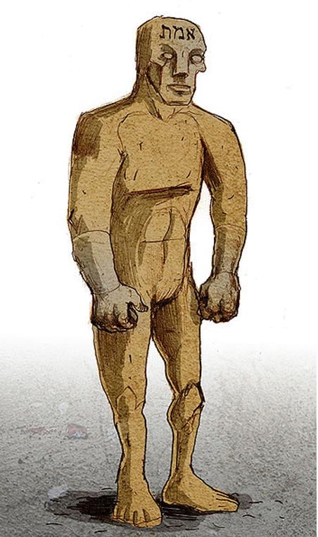 The golem is first formed in the shape of a human being. Illustration of a golem by Philippe Semeria. The Hebrew word for Truth, one of the names of God, is written on his forehead. 