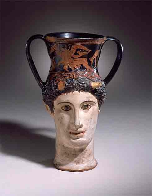 Head-Kantharos of a Female Faun or Io, red-figure pottery in Magna Graecia. (Public Domain)