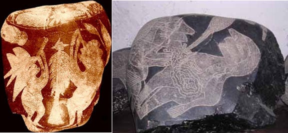 The stone on the left depicts a man looking through a telescope, while the stone on the right appears to show heart surgery