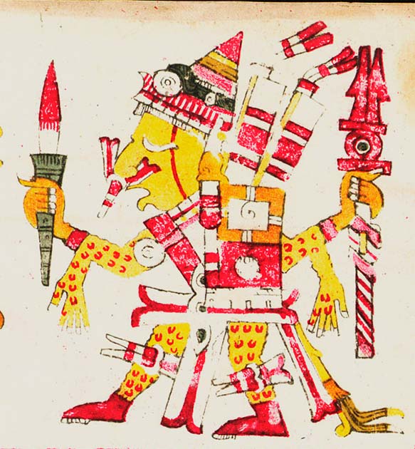 Aztec illustration of Aztec god, Xipe Totec, showing human skin draped over his shoulders and legs (Public Domain)