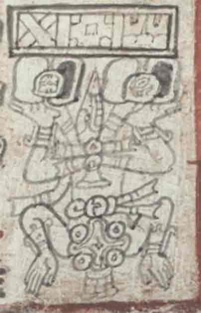 An illustration from the Dresden Codex shows the Venus god descending from a sky band containing solar and lunar symbols. (Saxon State and University Library - Dresden/The Conversation)