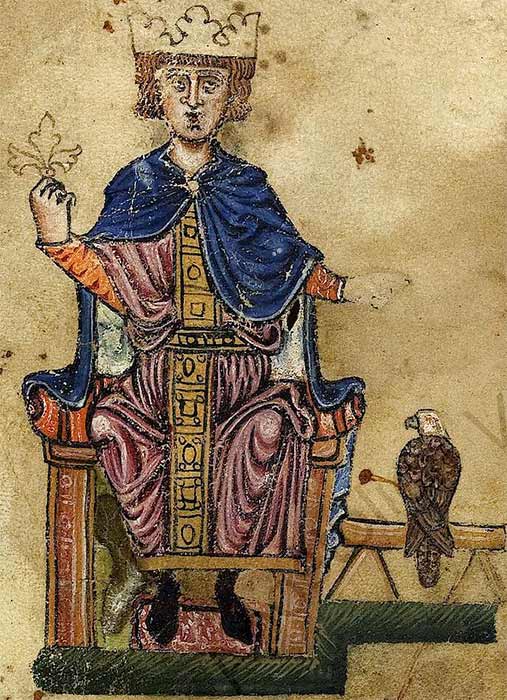 Portrait of Frederick II from the "Manfred manuscript" (Biblioteca Vaticana, Pal. lat 1071) of De arte venandi cum avibus. (Public Domain)