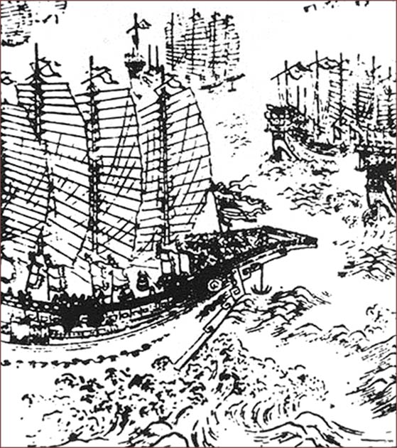 Grabado en madera que representa los barcos de Zheng He. (Dominio público)