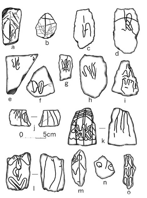 Dibujo de algunos artes rupestres portátiles encontrados en Boca de Potrerillos. (Herbert H. Eling)