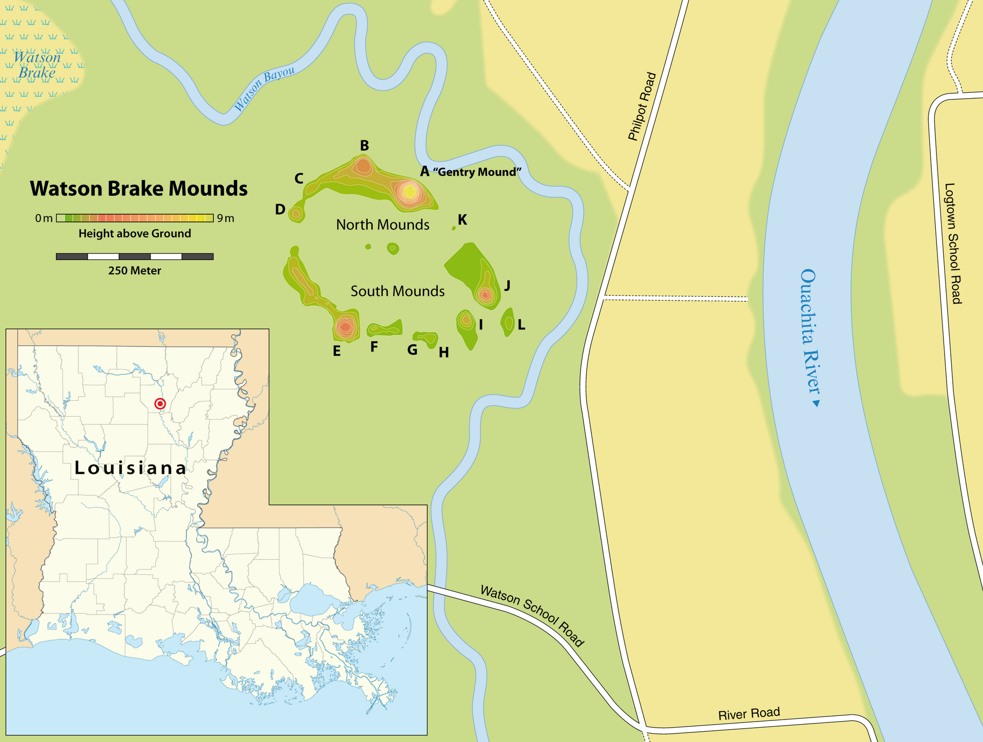 Watson Brake Mounds Site Map