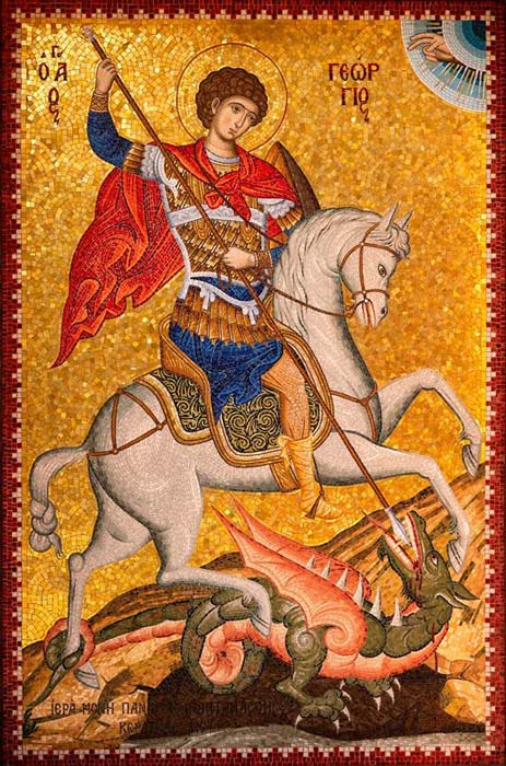 马赛克描绘了圣乔治在马背上杀死巨龙。 （VIS美术/Adobe股票）