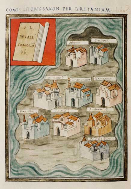 The nine British Saxon Shore forts mentioned in the Notitia Dignitatum, circa 390-420 AD (Public Domain)