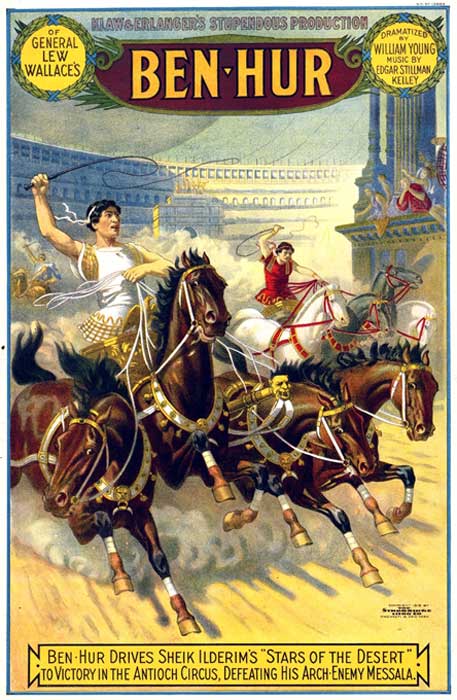 A poster from an 1889 production of Ben Hur on Broadway that used live horses on treadmills. The heavy, four-horse chariot of the type used on Broadway and in Hollywood productions of the play wouldn’t stand a chance in a race against a real Roman chariot.