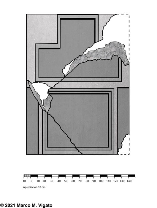 Reconstrucción de un artista de la misma losa de piedra del Rancho “I”, con sus tres fragmentos recompuestos.  (Autor proporcionado)