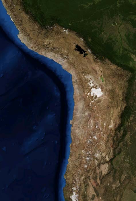 Satellite image of the Atacama Desert on the coast of Chile from NASA World Wind. (Public domain)