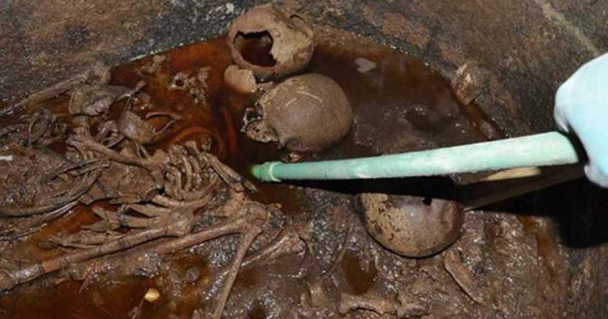 The black sarcophagus was found to contain three skeletons and lots of sewage.