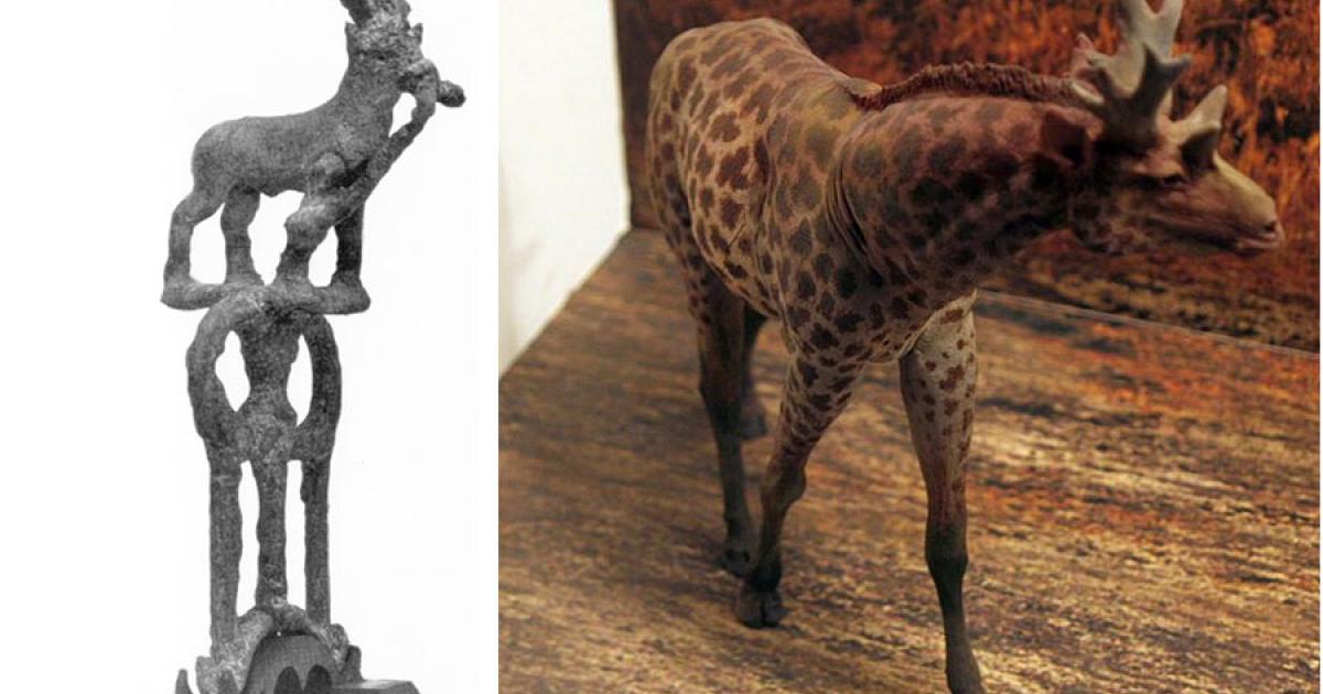 The so-called Sivatherium of Kish (Field Museum of Natural History/Edwin H. Colbert) compared to a modern representation of a Sivatherium in the Warsaw Museum of Evolution. (Shalom/CC BY-SA 3.0)