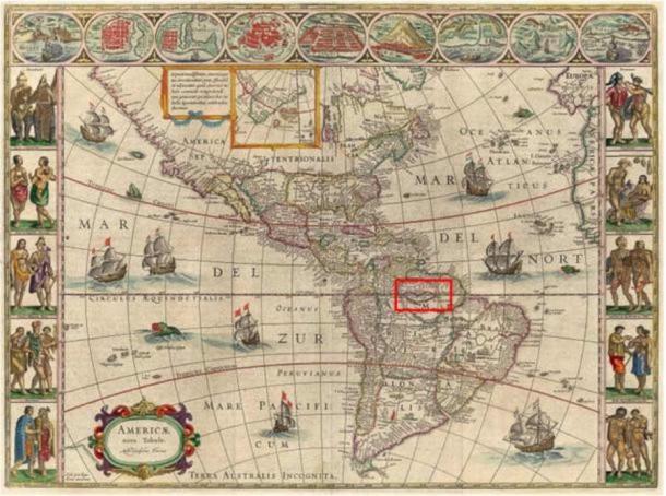 1621 map by Willem Blaeu showing Lake Parime straddling the equator, with "Manoa al Dorada" on the north shore, just below Lake Cassipa. (Public domain)