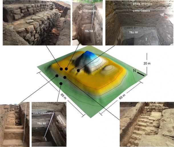 3D plan of the Campana structure, showing where excavations took place that uncovered the stone Maya pyramid and evidence of the Tierra Blanca Joven eruption in El Salvador in 539 AD. (A. Ichikawa/ Antiquity Publications Ltd)