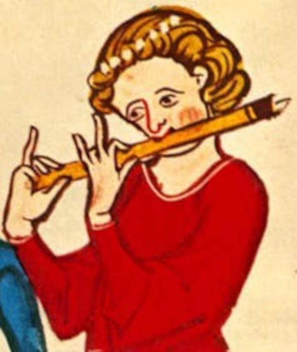 A Spanish medieval flute (early 14th century). (Manessische Liederhandschrift 848, fol. 423v.)