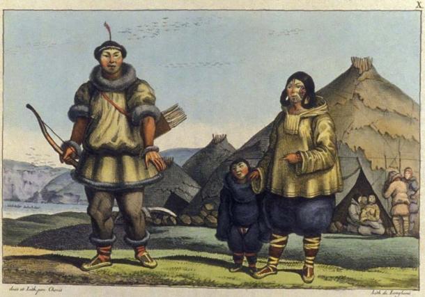 A Chukchi family in front of their home near the Bering strait. Drawing by Louis Choris in summer 1816.