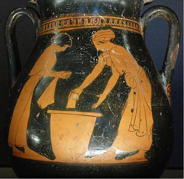 A depiction of Greek women washing clothes, on a classical Greek vase. (Public Domain)