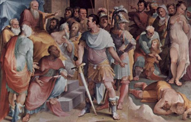 Ahala, hästens mästare, presenterar den döda Maelius till Cincinnatus, fresco av Beccafumi vid Palazzo Pubblico i Siena.