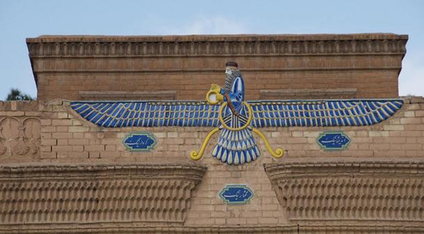 Ahura Mazda relief on Ataskhadah Zoroastrian fire temple in Yazd, Iran.