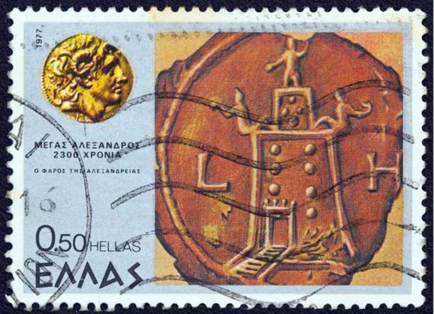 Alexander the Great and the Pharos (Lighthouse) of Alexandria on a 1977 Greek postage stamp honoring 2,300 years since the death of Alexander in 323 BC. (Lefteris Papaulakis / Adobe Stock)