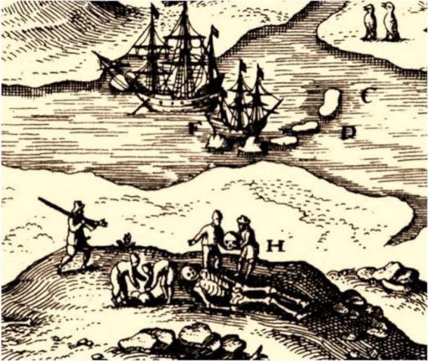 The discovery of a tomb of giants in Puerto Deseado in Tierra del Fuego, Chile, according to the information of the map America of 1615 by Theodor de Bry. The text of this map consigned with the letter H, indicates: Tombs of skeletons of very tall human beings, with bones of 10 to 11 feet [3.48 to 3.63 m], their skulls, once opened, could be placed on our heads as if they were helmets. (Author Provided)