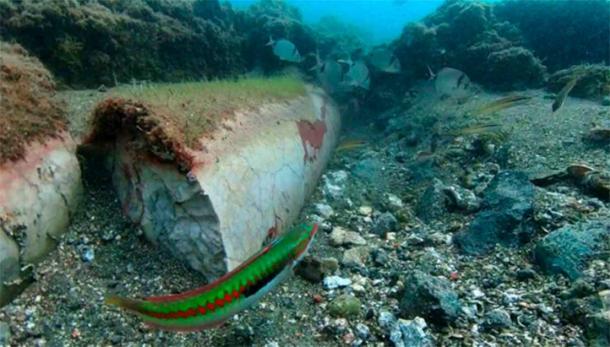 Among the submerged at Baiae, the archaeologists observed several intact marble columns. (Naumacos / Campi Flegrei Archaeological Park)