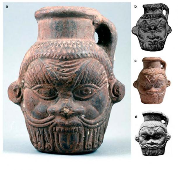 Ancient Egyptian Bes vase housed at Tampa Museum of Art in Florida (a). Other Bes vases are from other collections (b, c, d).  (Tanasi et. al / CC BY 4.0)