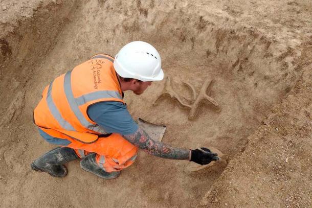 Archaeologist Jordan Bendall, excavating antler picks. (Cotswold Archaeology)