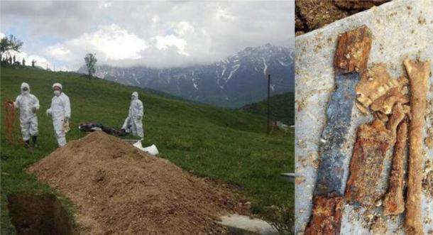 Left: archaeologists excavating the site. Right: part of the sword and skeletal remains of the Parthian warrior unearthed at the site. (Radiofarda)