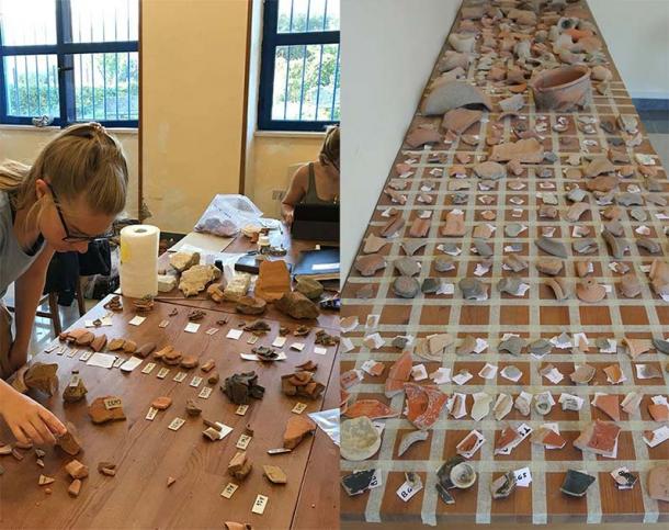 Archaeologists processing pottery excavated at Interamna Lirenas. (Alessandro Launaro)