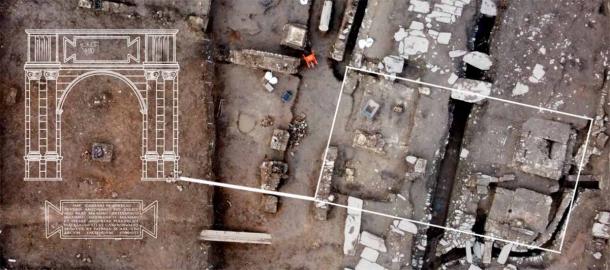 Arial image of the location in Viminacium where the Roman triumphal arch dedicated to Caracalla has been found. (Serbia Archaeological Institute)