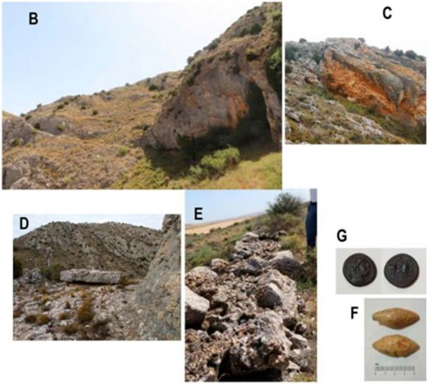 Aspects of the settlement and ruins found at the location of Titiakos. B Main front of the limestone quarry and access road trench. C Another front of quarry exploitation. D The “Rueda del Cañón” stone. E Roman camp wall built with the emplecton technique. F Lead glans (slingshot projectiles) (Deza); G. Ace of Titiakos (Deza) (Perez, E.S. et al/ Archaeological & Anthropological Sciences)