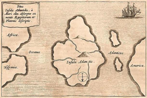 Athanasius Kircher's map of Atlantis from Mundus Subterraneus ("The Subterranean World") (1669), drawn with south at the top. (Public Domain)