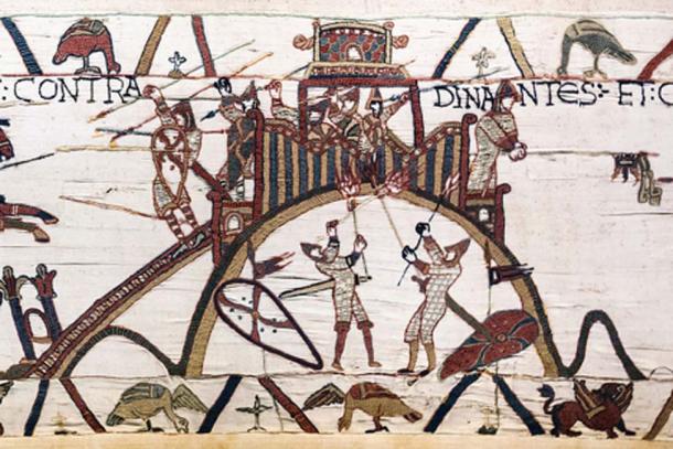 Bayeux Tapestry - Scene 19: siege of Dinan (detail). The soldiers of William, Duke of Normandy attack the motte-and-bailey castle of Dinan. Conan II, Duke of Brittany surrenders and gives the keys to Dinan via a lance. (Public Domain)