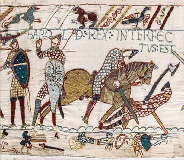 Bayeux Tapestry Scene 57: Harold's death. Legend above: Harold rex interfectus est, "King Harold is killed." (Public Domain)