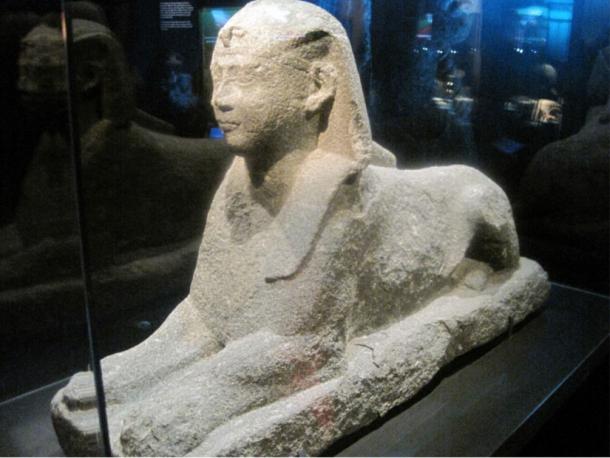 Black granite sphinx made of stone, thought to represent Ptolemy XII, father of Cleopatra. Discovered by Frank Goddio during underwater investigations of underwater ancient Alexandria.