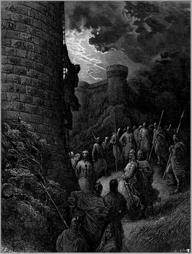 Bohemond and his Norman troops scale the walls of Antioch, in an engraving by Gustave Doré 