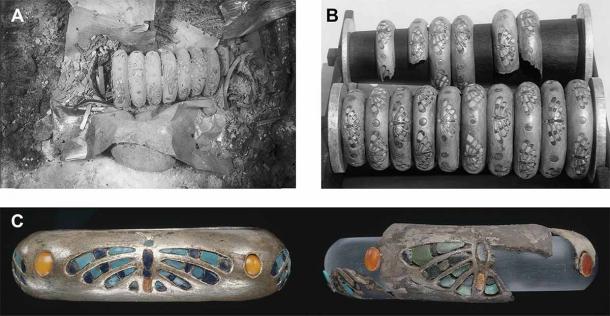 (A) Bracelets in the burial chamber of Tomb G 7000X as discovered by George Reisner in 1925 (Photographer: Mustapha Abu el-Hamd, August 25 1926) (B) Bracelets in restored frame, Cairo JE 53271–3 (Photographer: Mohammedani Ibrahim, August 11 1929) (C) A bracelet (right) in the Museum of Fine Arts, Boston, MFA 47.1700. The bracelet on the left is an electrotype reproduction made in 1947, MFA 52.1837 (Harvard University—Boston Museum of Fine Arts Expedition; All Photographs April 2023 Museum of Fine Arts, Boston).