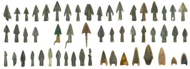 Bronze and flint arrowheads from the Tollense Valley site. (Lief Inselmann/Antiquity Publications Ltd)