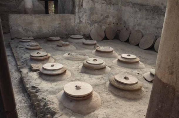 Buried Roman fermentation jars (dolia) from Villa Regina, Boscoreale. (E. Dodd, courtesy of the Ministero della Cultura – Parco Archaeologico di Pompei/Antiquity Publications Ltd)