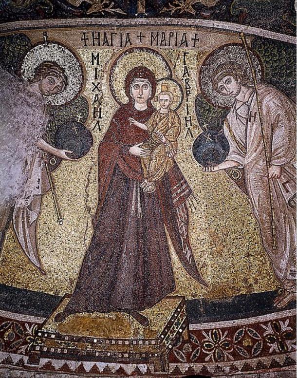 Byzantine Mosaic of the Virgin and Christ Child flanked by Archangels Michael and Gabriel. 