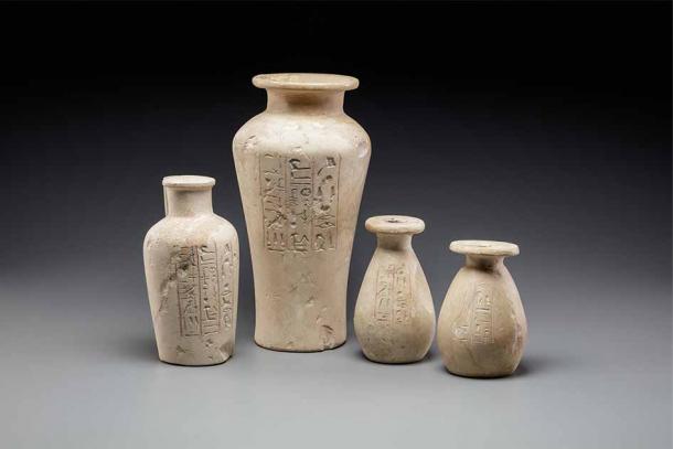 Canopic jars and numerous model vessels made of solid stone, inscribed for the Royal Nurse Senetnay, wife of the Mayor of Thebes Sennefer, were discovered in the Valley of the Kings. (Public Domain)