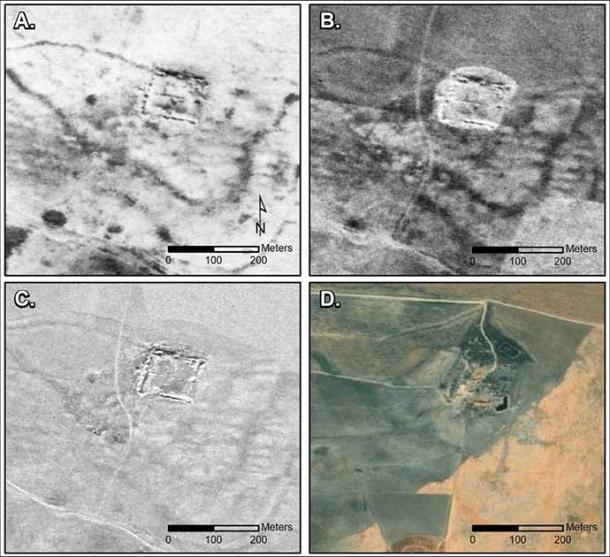 Castellum at Tell Brak from evolving images over the years: A) CORONA (1102, 17 December 1967); B) CORONA (1105, 4 November 1968); C) HEXAGON (1204, 17 November 1974); and D) modern satellite imagery (© ESRI and Maxar Technologies) (figure by authors; CORONA and HEXAGON imagery courtesy US Geological Survey/Antiquity Publications Ltd).