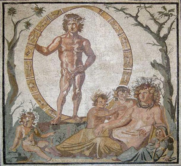 Parte central de un gran mosaico del suelo de una villa romana en Sentinum (ahora conocida como Sassoferrato, en Marche, Italia), ca. 200-250 D.C. Aion, el dios de la eternidad, está de pie dentro de una esfera celestial decorada con signos del zodiaco, entre un árbol verde y otro desnudo (verano e invierno, respectivamente). Sentada frente a él está la diosa madre-tierra, Tellus (la contraparte romana de Gea) con sus cuatro hijos, que posiblemente representan las cuatro estaciones. (Dominio público)