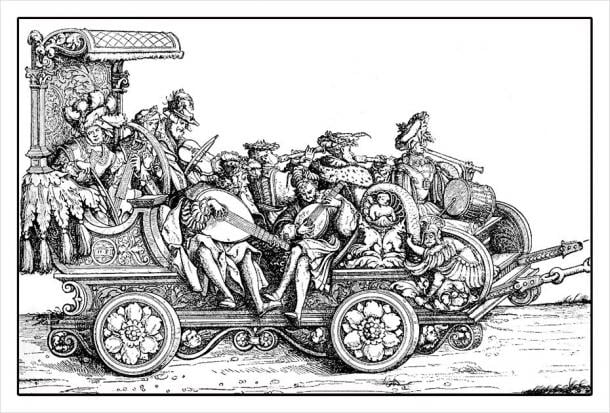 Chariot with minstrels and musicians playing on a decorated carriage. (acrogame/ Adobe Stock)