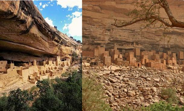 Vivienda en el acantilado en el Parque Nacional Mesa Verde, Colorado, EE. UU. (Izquierda).  Escarpa de Bandiagara, Mali (derecha)