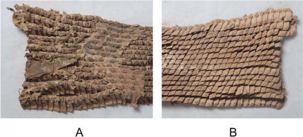 Closeup images of the Yanghai leather scale armor fragment: A: inside; B: outside. (P. Wertmann / Quaternary International)