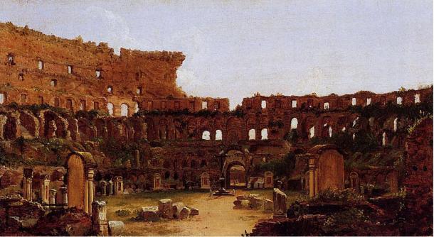 Pintura del Coliseo de Roma de 1832, que muestra un gran deterioro y vegetación.