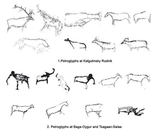 Comparison of the Paleolithic rock art at the Kalgutinsky Rudnik site to the petroglyphs at Baga-Oygur and Tsagaan-Salaa sites. (Vyacheslav Molodin et al. / Siberian Times)